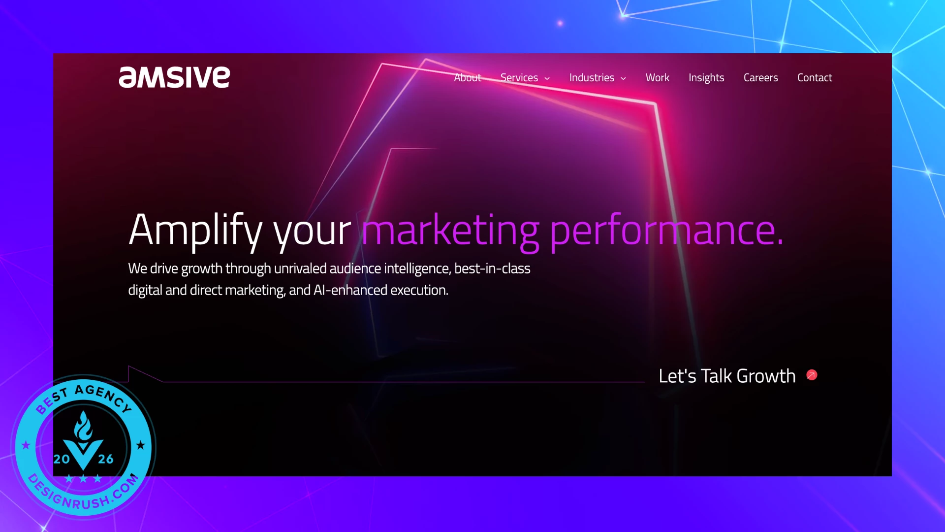 Amsive Homepage – Amplify Marketing Performance Amsive homepage with neon-themed design and tagline about enhancing marketing with AI and audience intelligence.
