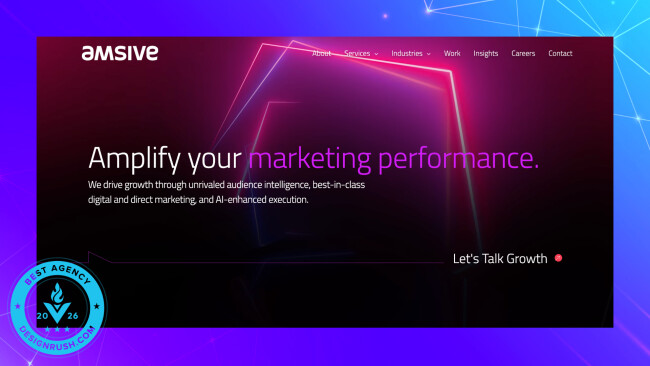 Amsive homepage with neon-themed design and tagline about enhancing marketing with AI and audience intelligence.