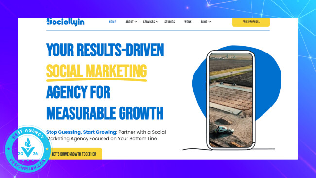 Sociallyin homepage highlighting social marketing strategies for measurable growth with bold typography and mobile video.