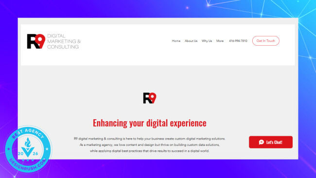 Homepage of R9 Digital Marketing featuring tagline “Enhancing your digital experience” and a live chat CTA.