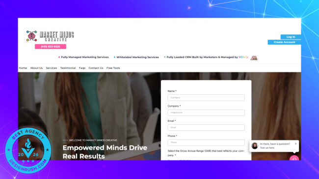 Market Minds Creative homepage with lead capture form and tagline “Empowered Minds Drive Real Results.”
