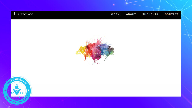 Splash of watercolor surrounding the Ana Donohue Interiors logo on a minimalist Laidlaw agency webpage with navigation bar.