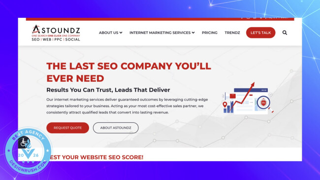 Astoundz site banner claiming to be “The Last SEO Company You’ll Ever Need,” emphasizing lead generation and results.