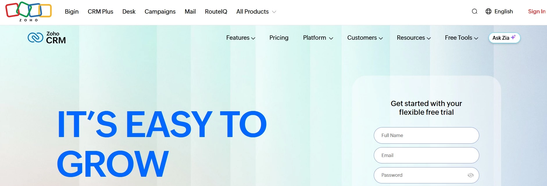 Zoho CRM homepage.