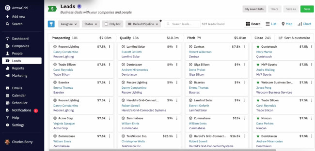 Nutshell Lead Board Nutshell lead board user interface