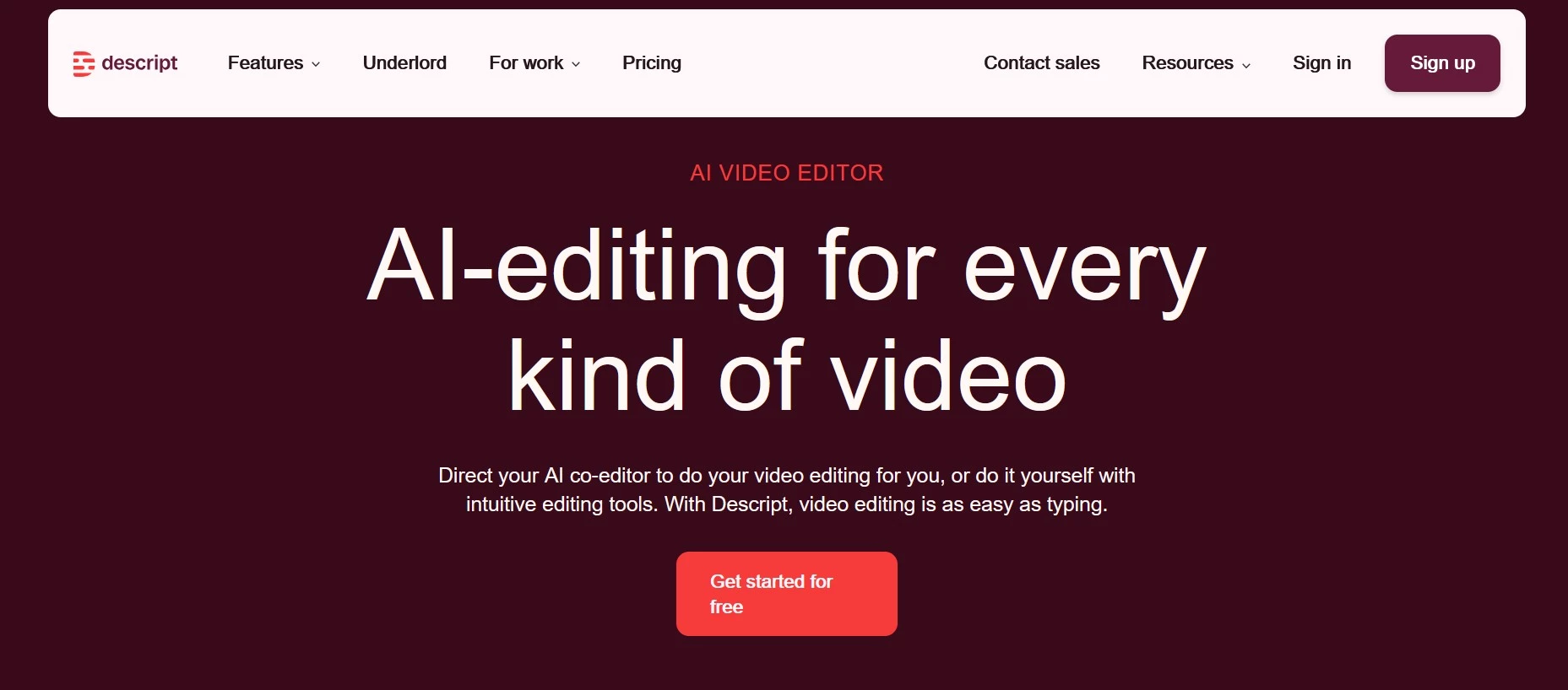 Descript AI editing tool for agencies homepage