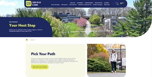 County College of Morris (CCM) webpage featuring the headline “Your Next Step” and a “Pick Your Path” section encouraging users to choose an area of study. The page shows a campus landscape banner at the top, structured navigation links in the header, and a student walking on campus, illustrating clear and organized information architecture.
