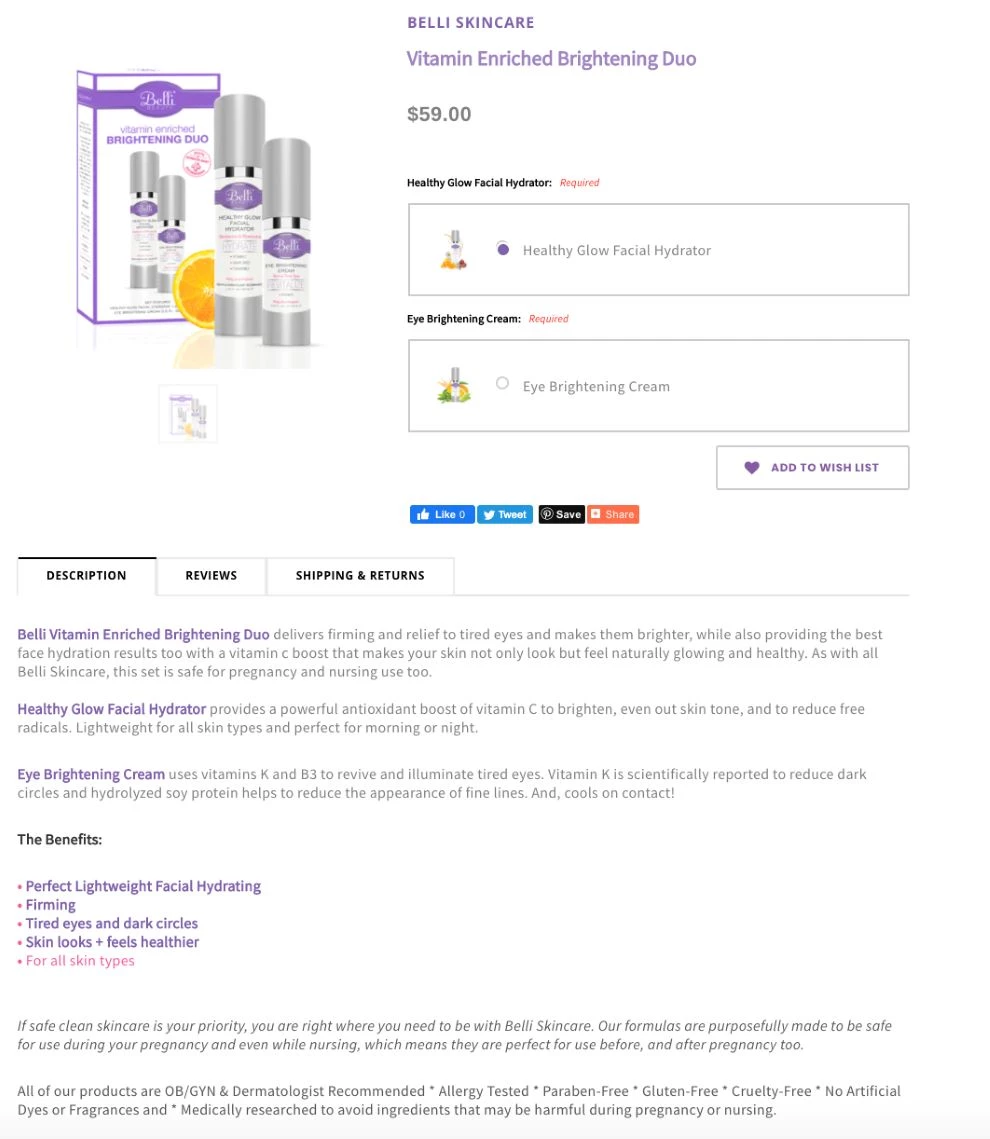 Belli skincare ecommerce product page example Belli skincare ecommerce product page example