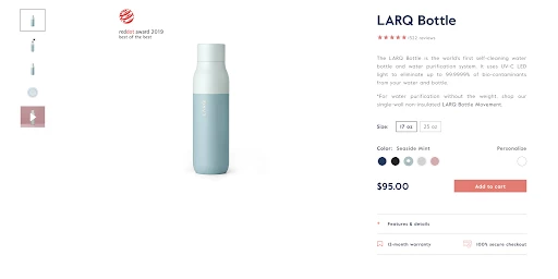 Larq ecommerce product page screenshot Larq ecommerce product page screenshot
