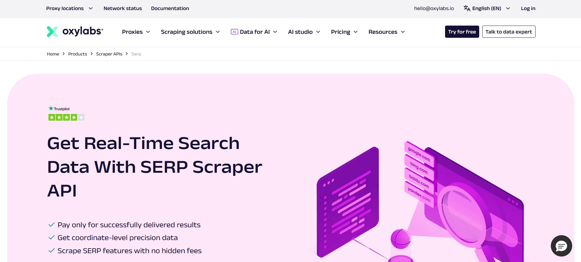 Oxylabs SERP Scraper API homepage
