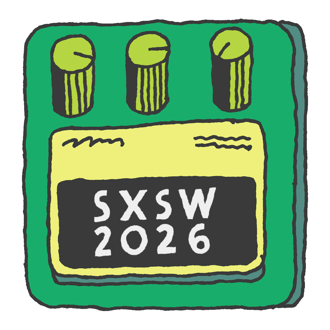 A gif of a green guitar pedal with SXSW 2026 in the middle
